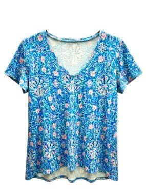 Lilly Pulitzer Etta V-Neck T-Shirt Blue Pink Floral Paisley Size XL